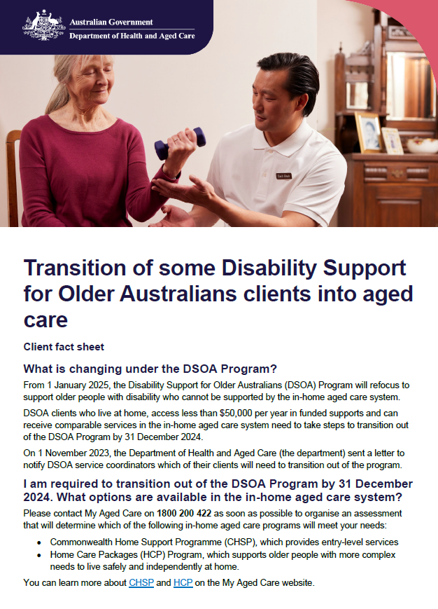 Cover page for the Transition of some Disability Support for Older Australians clients into aged care
