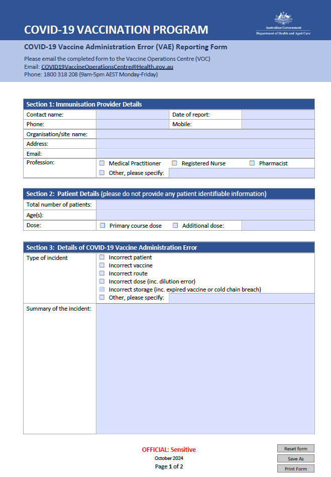 Vaccine Administration Error form