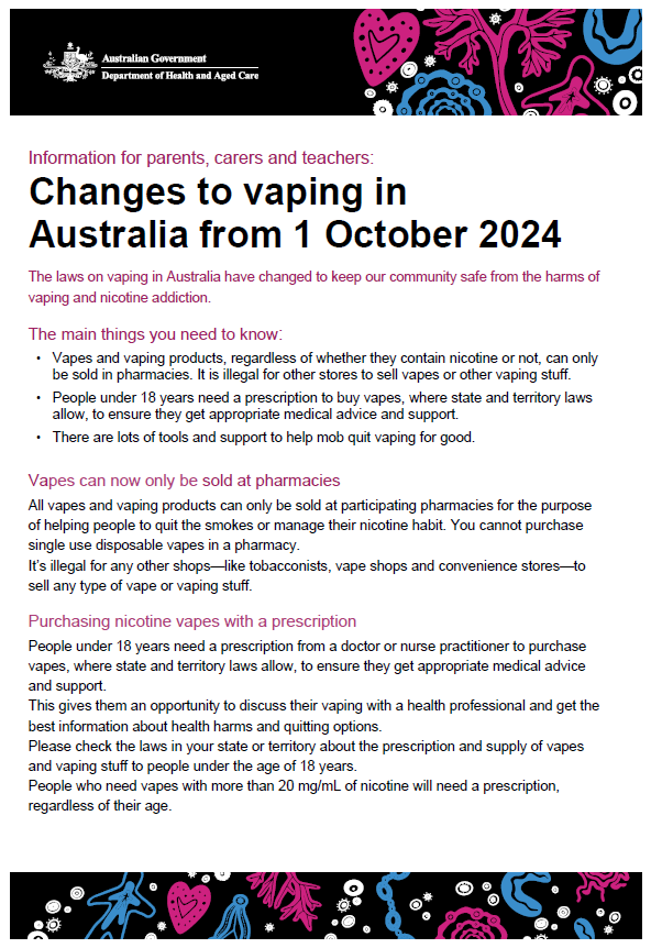 Cover page for the Vaping fact sheet for parents and carers in First Nations communities