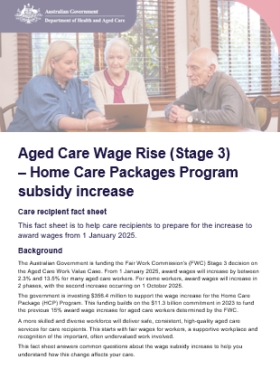 Cover image for the Aged Care Wage Rise (Stage 3) Home Care Packages Program care recipient fact sheet