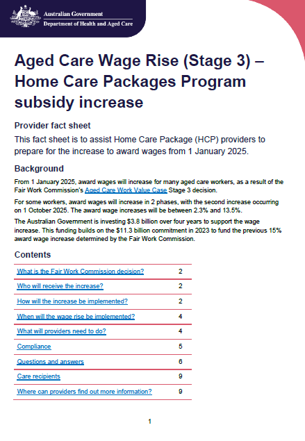 Cover page for the Aged Care Wage Rise (Stage 3) – Home Care Packages Program subsidy increase