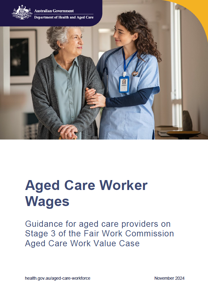 Cover image of an aged care worker walking arm in arm with n older Australian