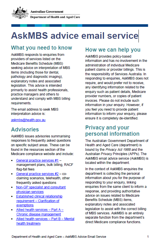 Cover page for the AskMBS email advice service fact sheet (Oct 2024)