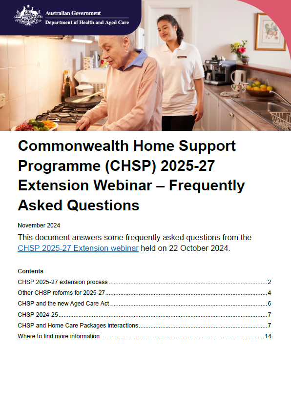 Cover page for the CHSP 2025-27 Extension Webinar – Frequently Asked Questions