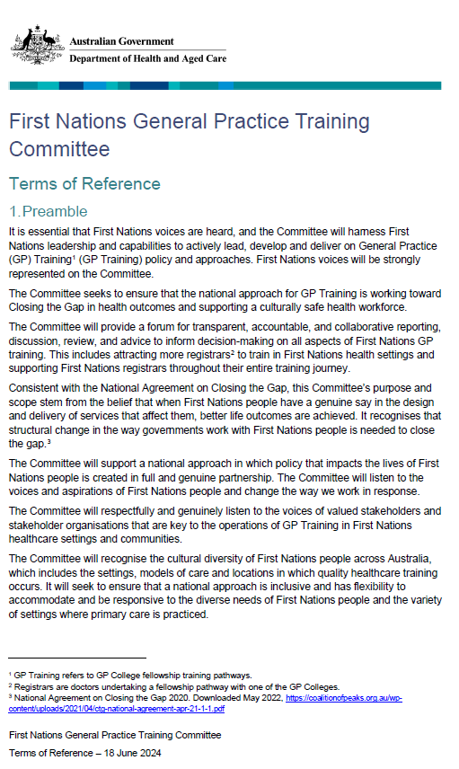 First Nations General Practice Training Committee  – Terms of reference