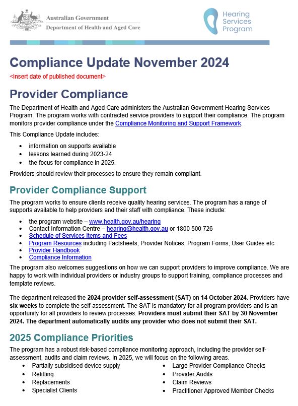 Cover image for the November version of the Hearing Services Program – Compliance update