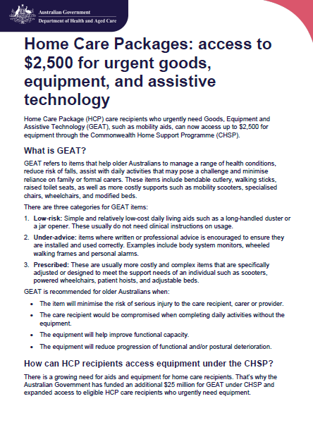 Home Care Packages – access to $2,500 for urgent goods, equipment, and assistive technology