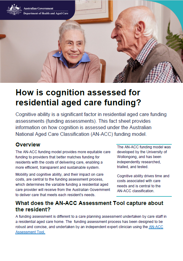 How is cognition assessed for residential aged care funding?