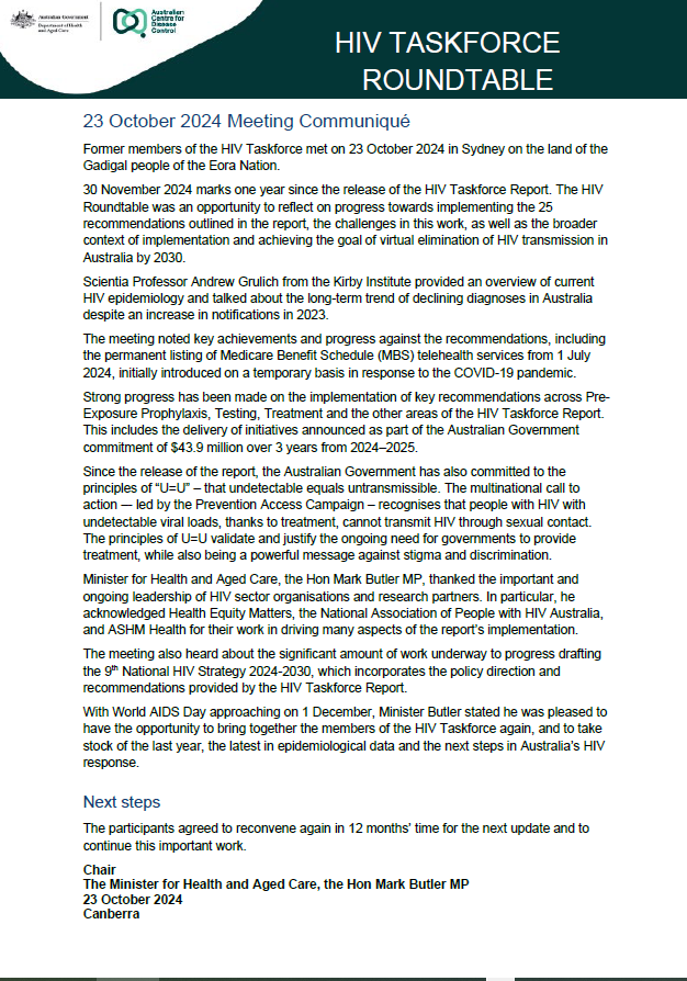 Cover image for the Human immunodeficiency virus (HIV) Taskforce Roundtable communique – 23 October 2024