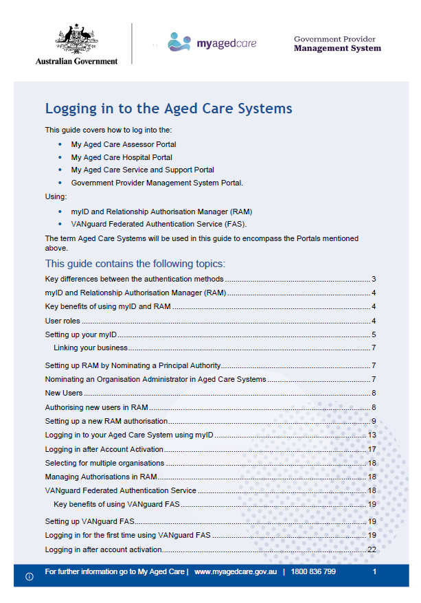Cover page for the Logging in to the Aged Care Systems