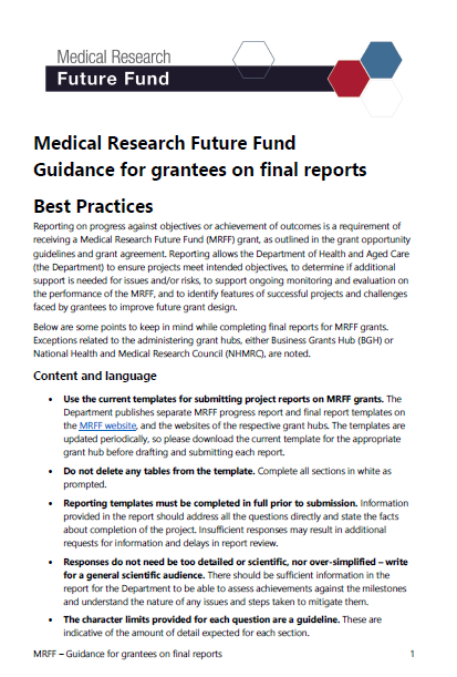 Cover page Medical Research Future Fund guidance for grantees on final report.