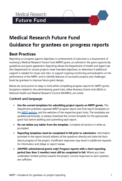 Cover page for the Medical Research Future Fund guidance for grantees on progress report