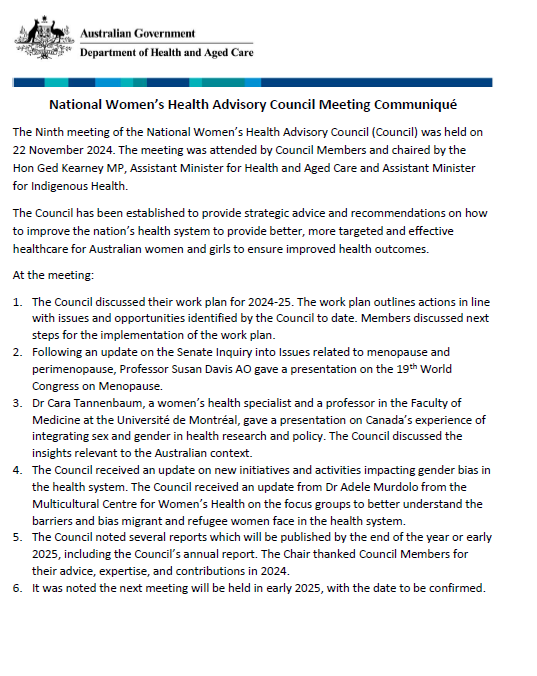 National Women’s Health Advisory Council communique