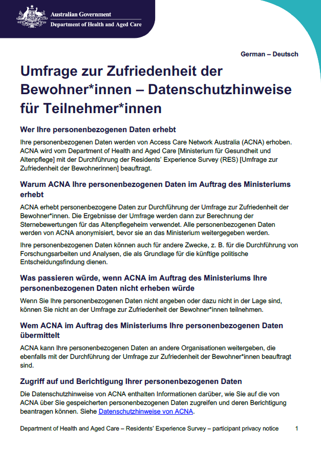 German cover for the Residents experience survey
