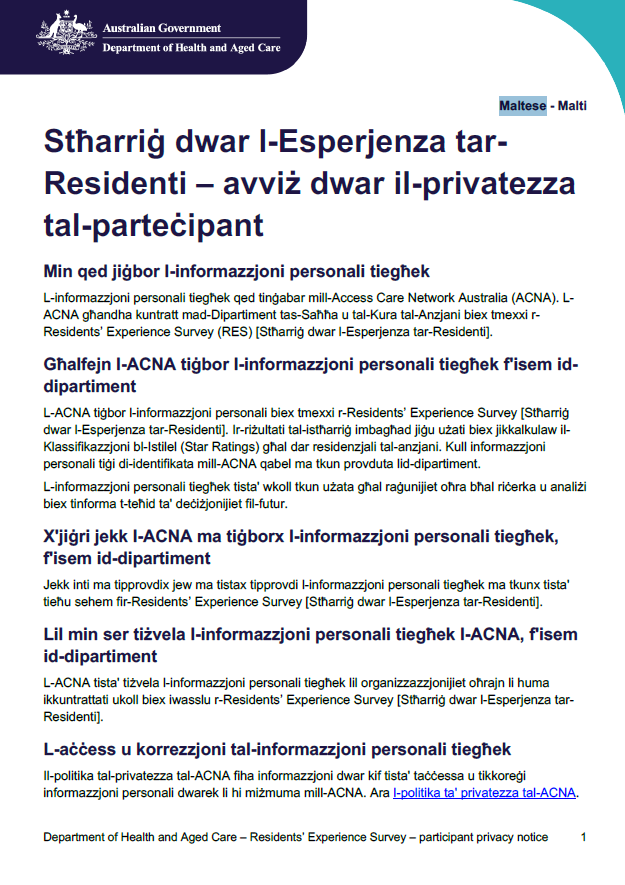 Maltese_Residents’ Experience Survey – participant privacy notice