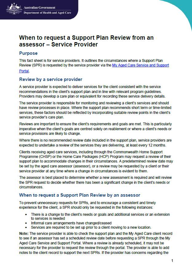 When to Request a Support Plan Review from an Assessor fact sheet cover image (December 2024)
