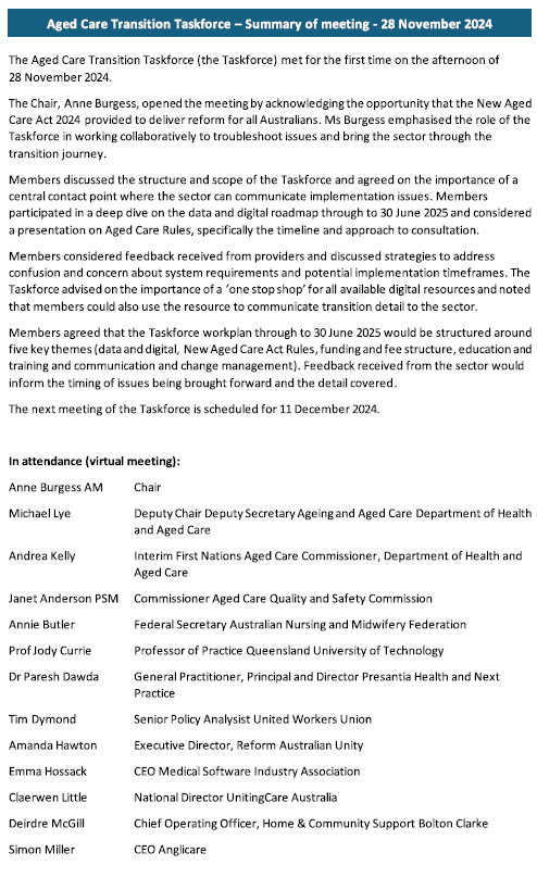 Cover image Aged Care Transiton Taskforce Summary of Meeting – 28 November 2024