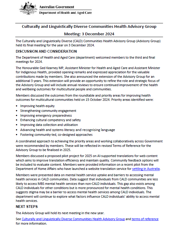 CALD Communities Health Advisory Group communique – 3 December 2024