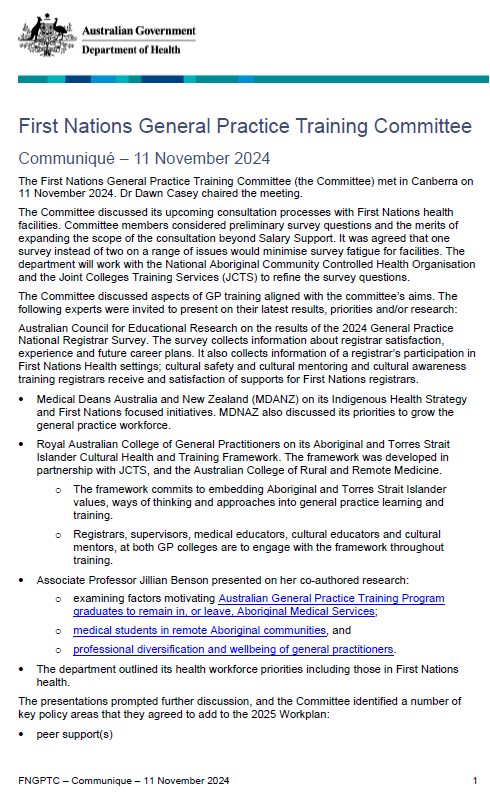 First Nations General Practice Training Committee (FNGPTC) communique – 11 November 2024