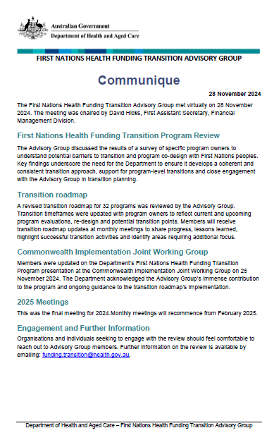 First Nations Health Funding Transition Advisory Group communique – 28 November 2024