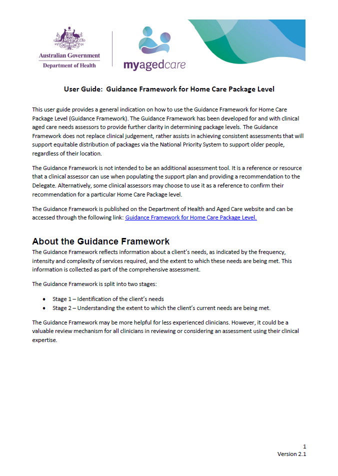 Guidance Framework for Home Care Package Level – User guide