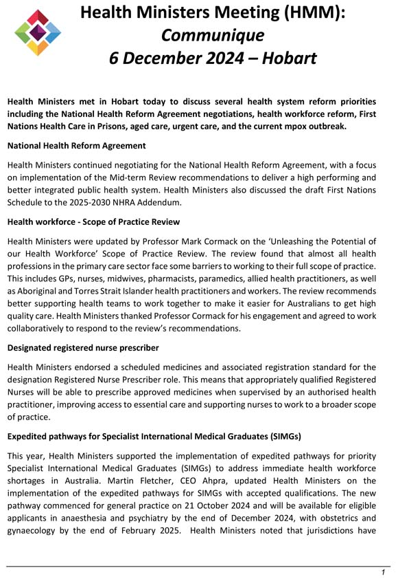 Health Ministers Meeting (HMM) – Communique 6 December 2024