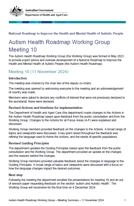 Cover image of the Autism Health Roadmap Working Group Meeting 10
