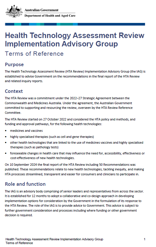 Cover image_Health Technology Assessment Review Implementation Advisory Group – Terms of reference