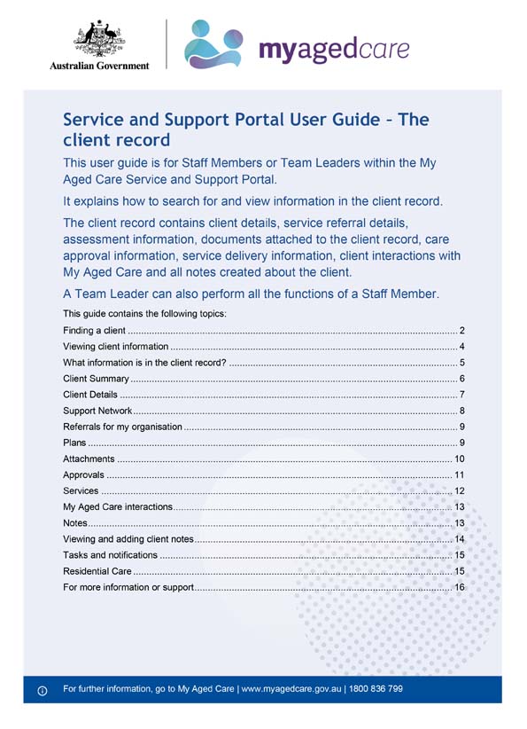 My Aged Care Service and Support Portal user guide – The client record
