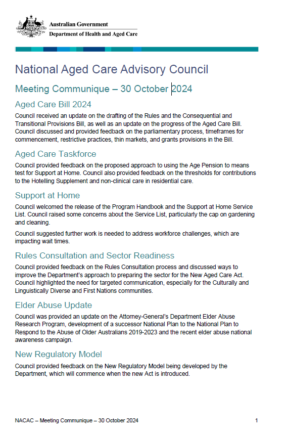National Aged Care Advisory Council communiqué – October 2024