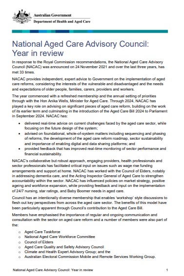 Cover image for the National Aged Care Advisory Council communique – Second term achievements