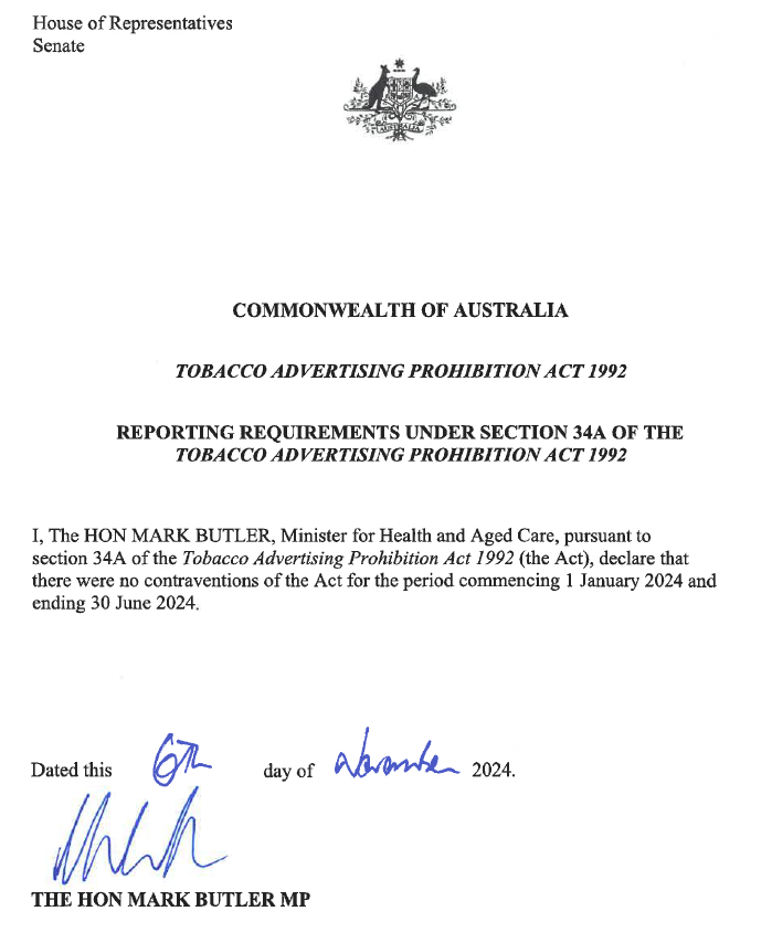 Reporting requirements under section 34a of the Tobacco Advertising Prohibition Act 1992 (1 January – 31 December 2024)