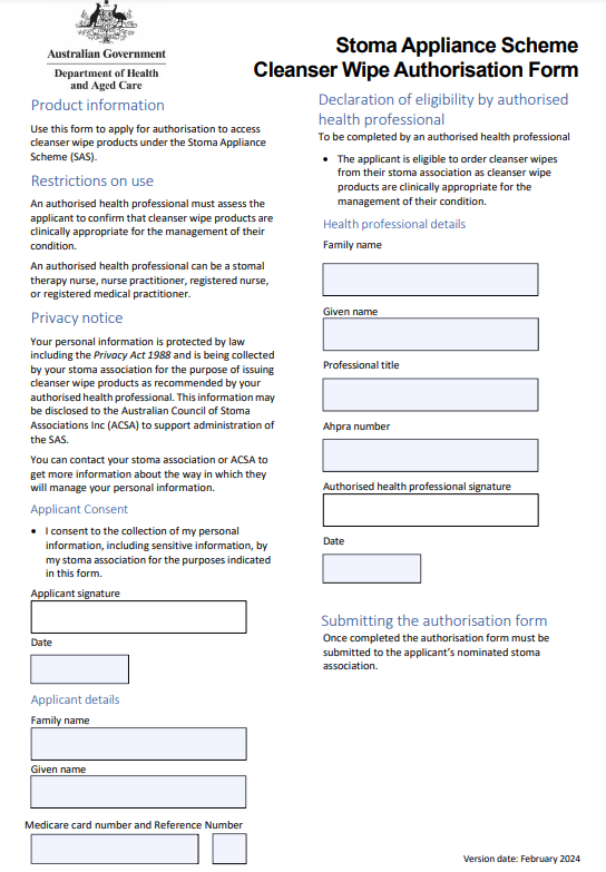 Stoma Appliance Scheme – Cleanser wipe authorisation form