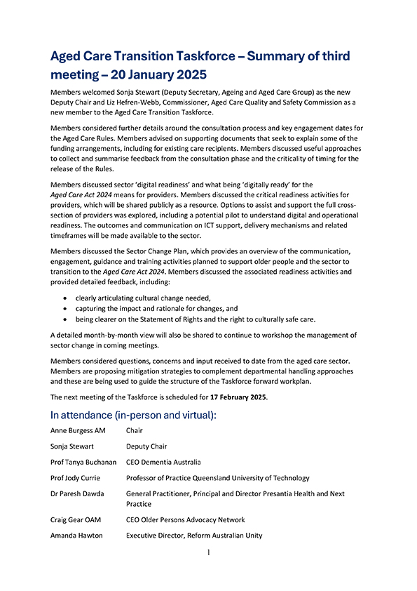 A summary of the Aged Care Transition Taskforce meeting held on 20 January 2025.