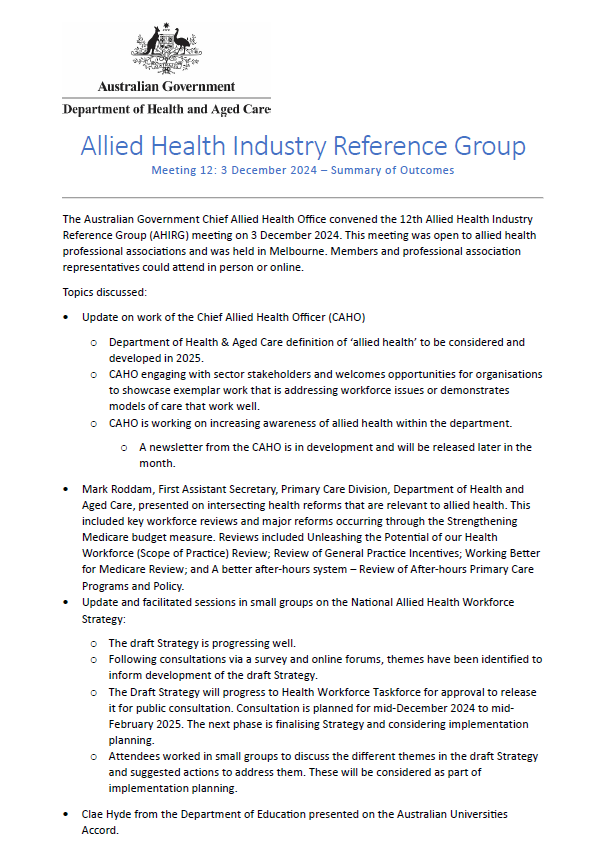 Allied Health Industry Reference Group – Summary of outcomes for meeting 12 cover image