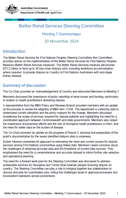 Better Renal Services Steering Committee communique – 20 November 2024