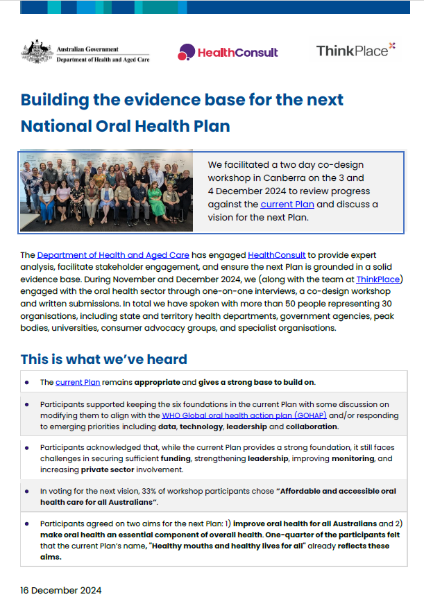 Cover image of the Building the evidence base for the next National Oral Health Plan flyer 