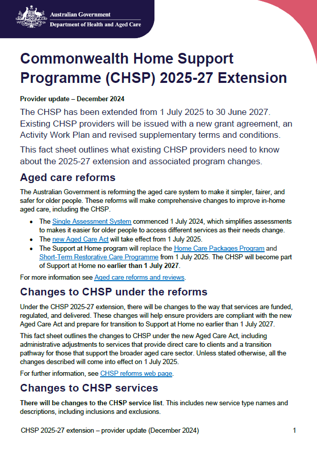 Commonwealth Home Support Programme (CHSP) 2025-27 Extension – Provider update cover image