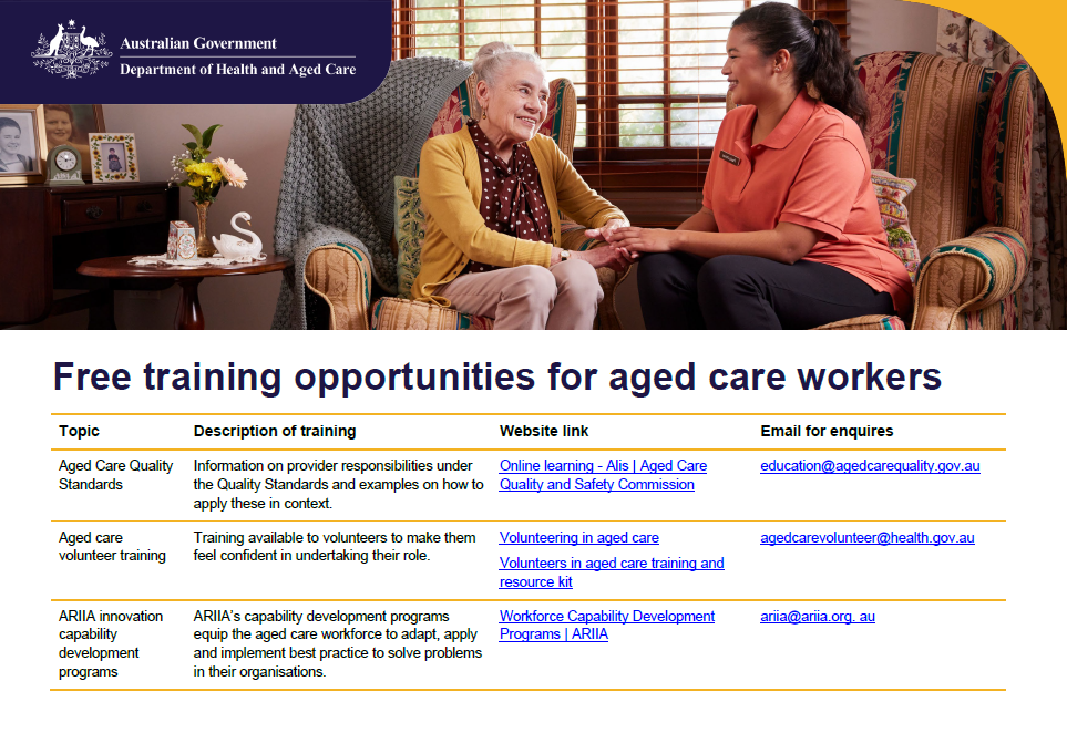 Free training opportunities for aged care workers