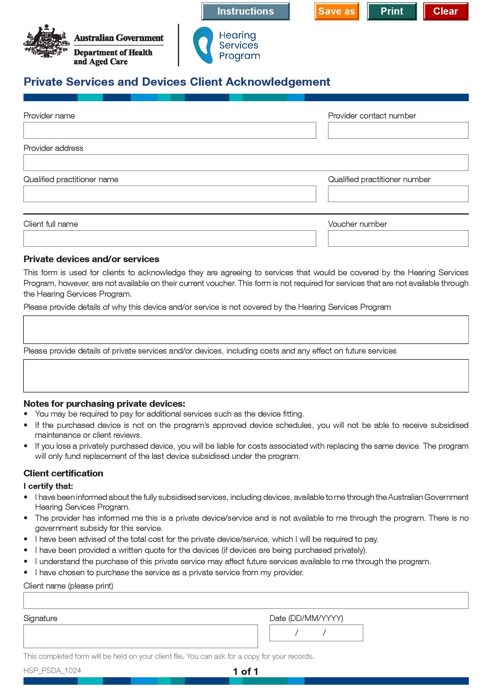 Hearing Services Program private services and devices acknowledgement form cover image