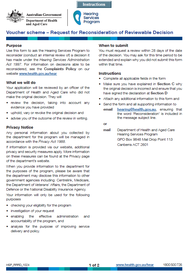 Hearing Services Program reconsideration and appeals form cover image
