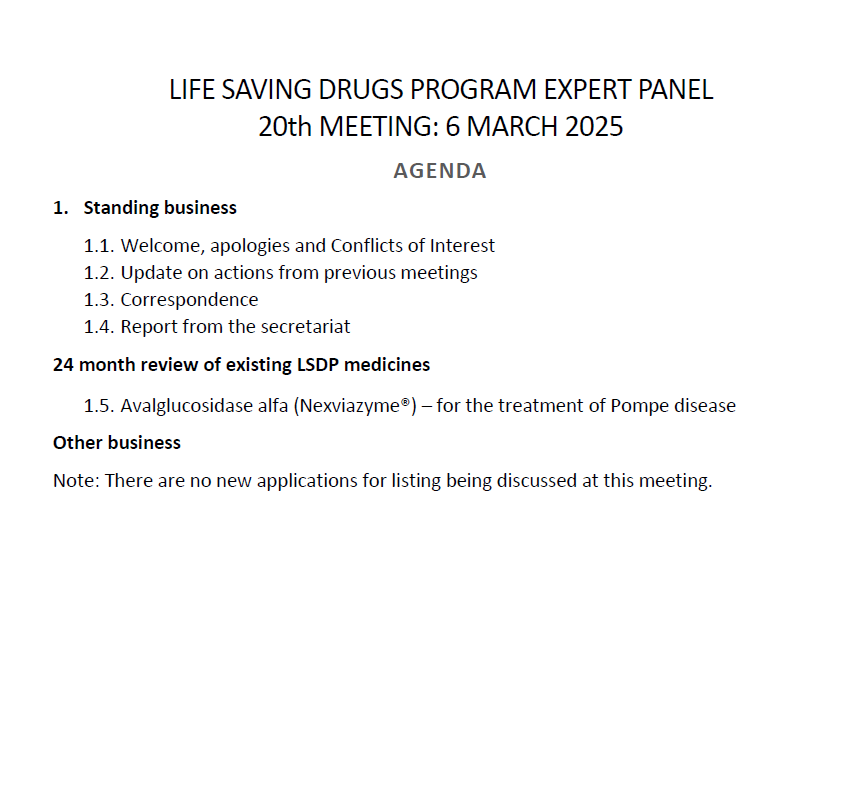 Life Saving Drugs Program (LSDP) Expert Panel meeting agenda – 6 March 2025