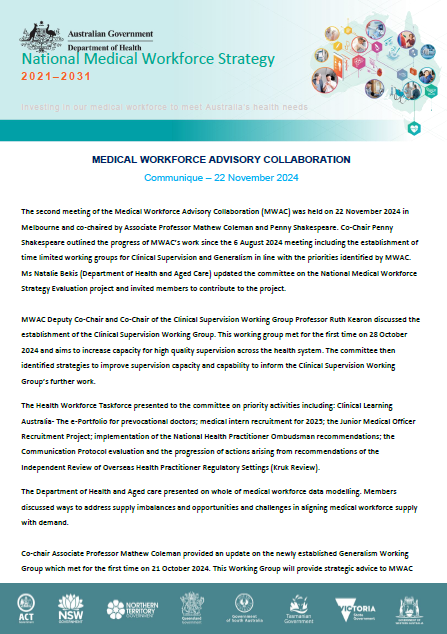 Cover image for the Medical Workforce Advisory Collaboration (MWAC) – Communiques