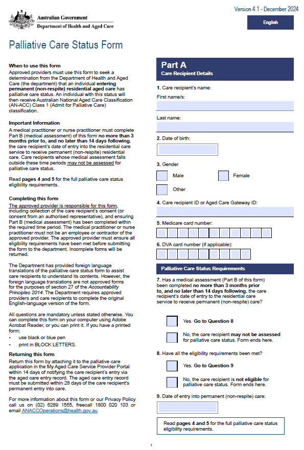 Cover image for Palliative care status form v4.1