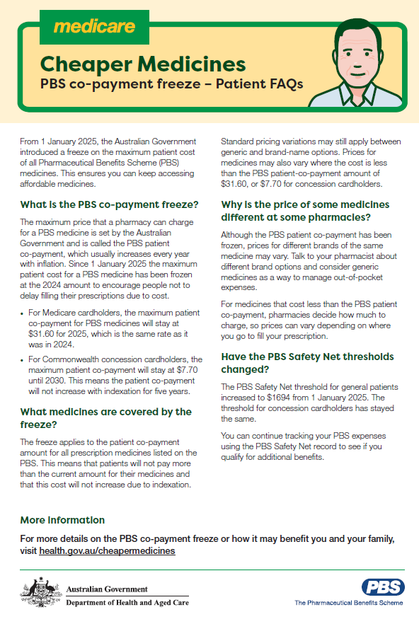 Cover page_PBS patient co-payment freeze – Consumer FAQ