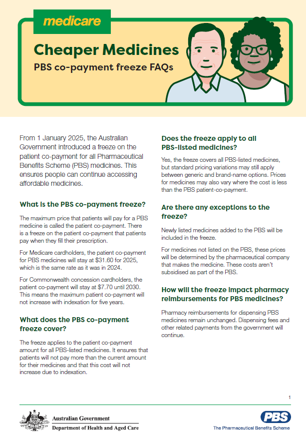 Cover page_PBS patient co-payment freeze – Pharmacist FAQ