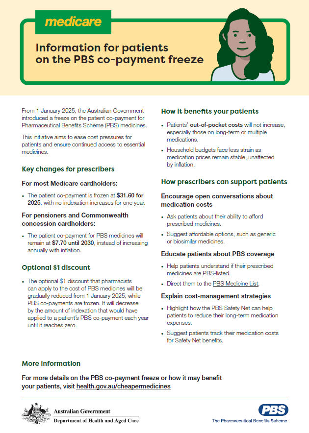 Cover page_PBS patient co-payment freeze – Prescribers fact sheet