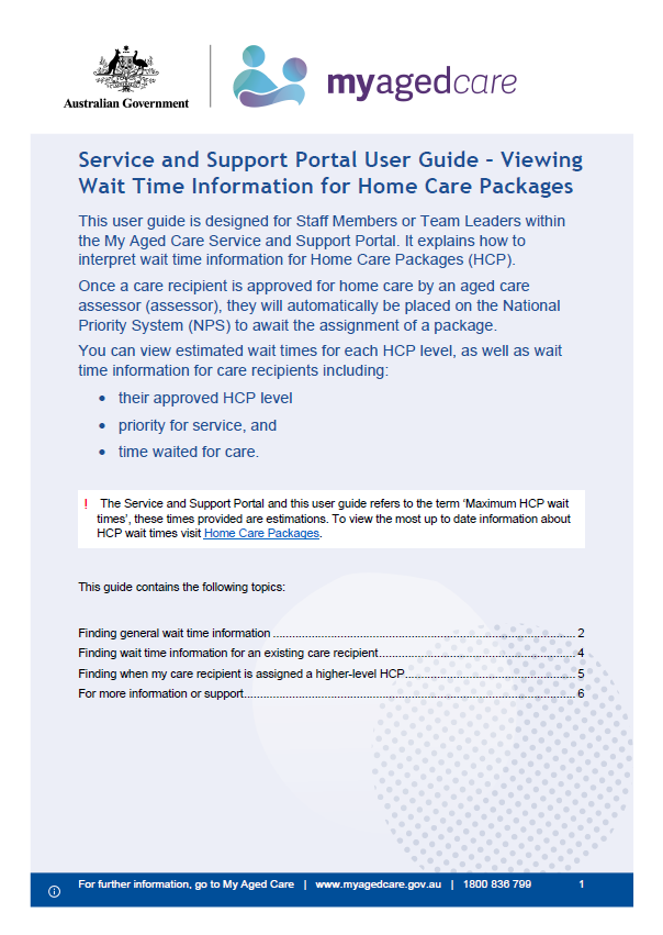 Service and support portal user guide – Viewing wait time information for Home care packages