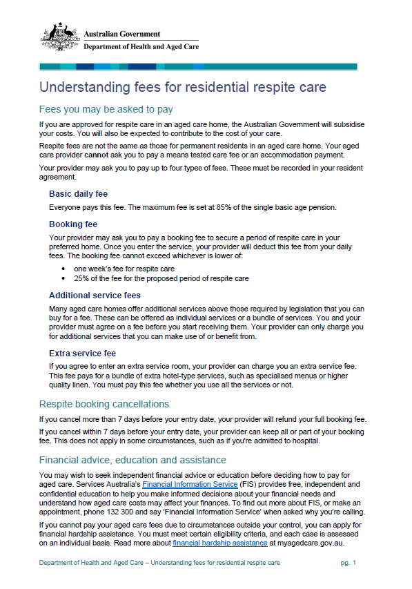 Understanding fees for residential respite care