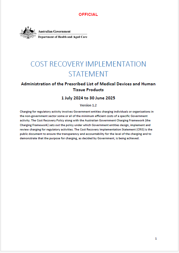 Cost Recovery Implementation Statement – Administration of the Prescribed List of Medical Devices and Human Tissue Products